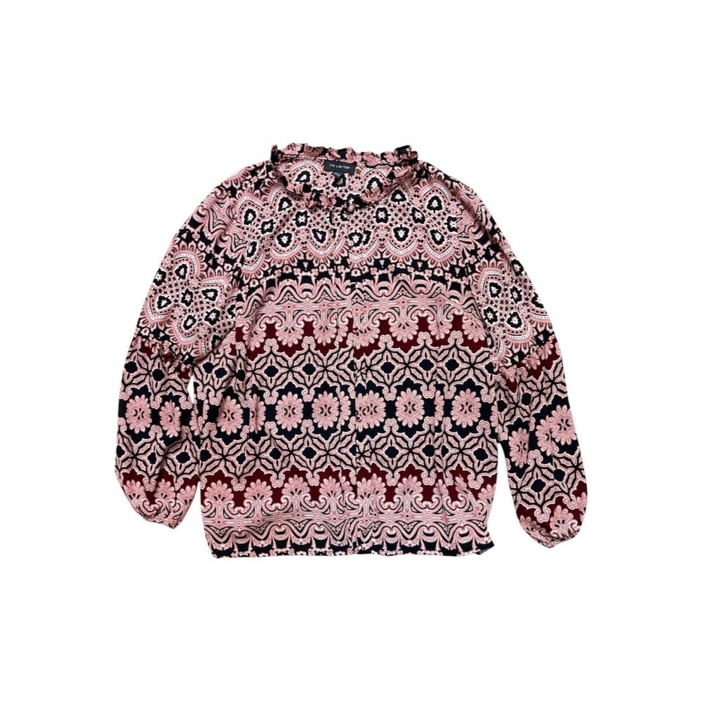 The Limited Ruffle Neck Boho Paisley Print Long Sleeve Blouse Top Size Large